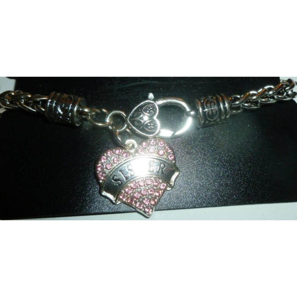 NEW Inspired Silver Chain Heart Bracelet Rhinestones Pink‎ 7" Sister